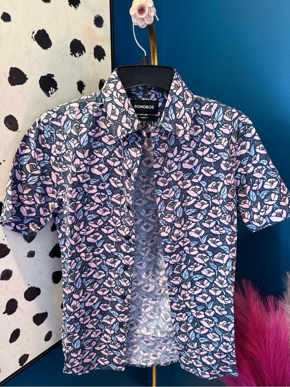 Bonobos Navy Short-Sleeve Button-Down with Pink Floral Print